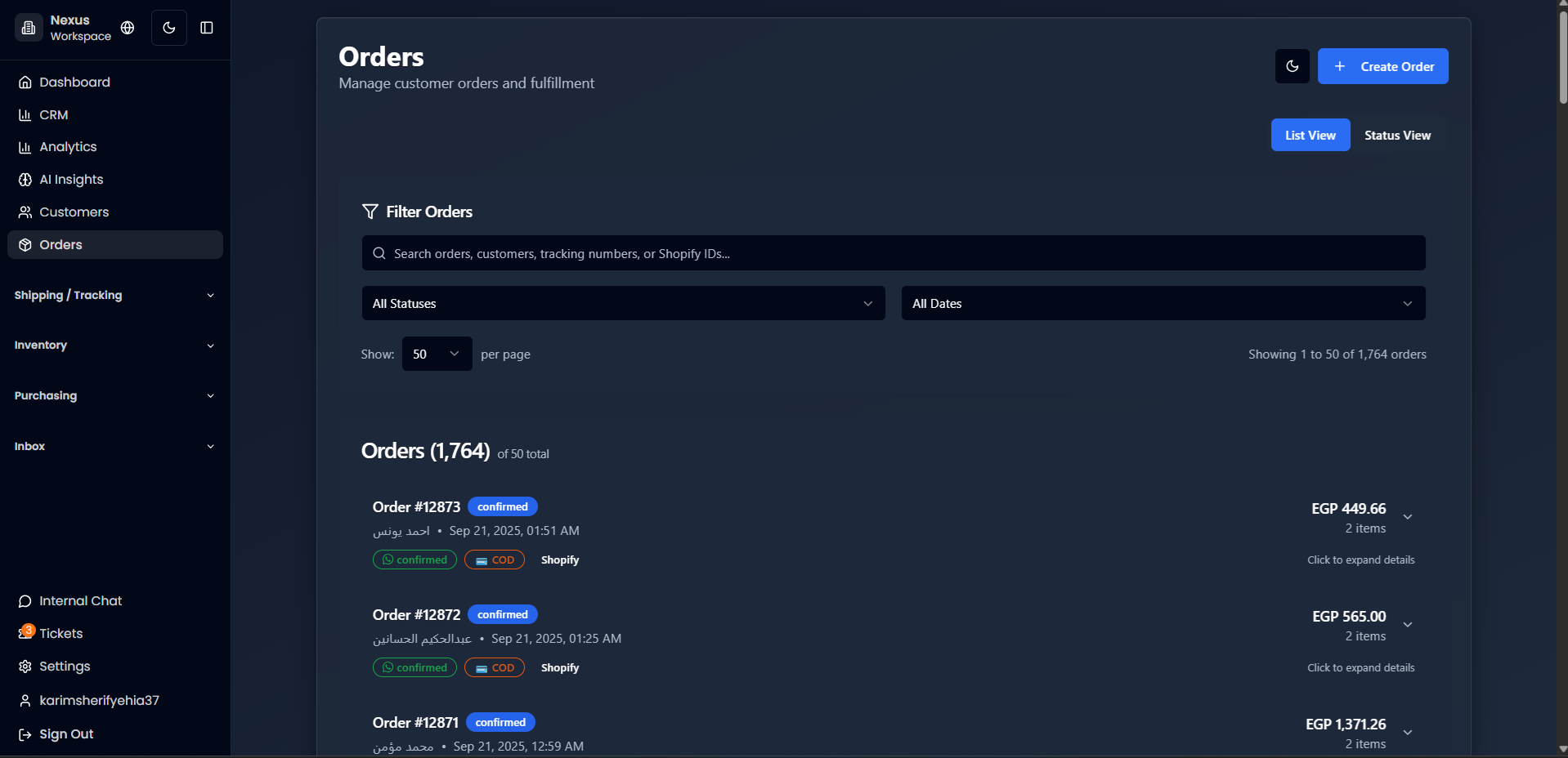 Nexus Shipping Tracker showing AWB status and real-time delivery updates